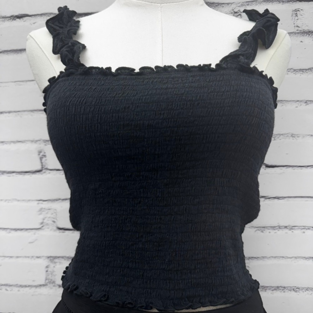Aerie Black Smocked Ruffle Strap Tank Top Square Neck Lettuce Trim‎ Small